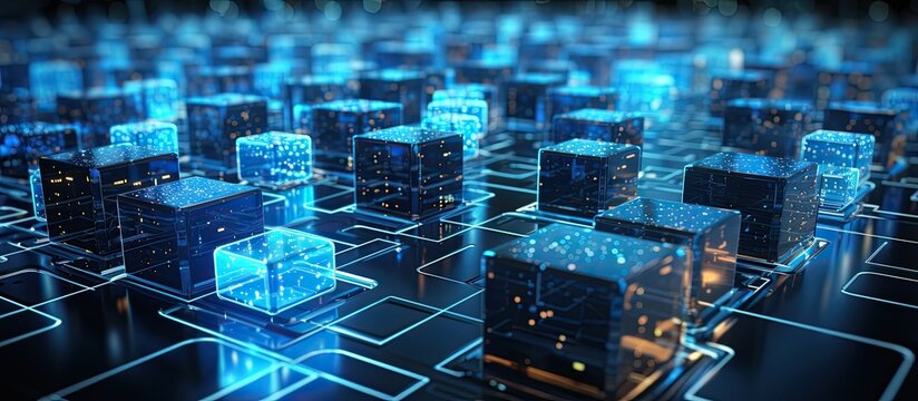 Cryptocurrency blockchain depicted visually with interconnected data blocks and data transfer in futuristic technology