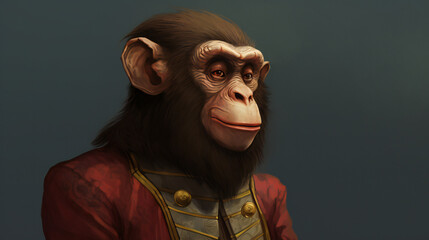portrait of a chimpanzee wearing red clothes