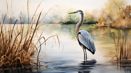 great heron in the marsh watercolor - obrazy, fototapety, plakaty
