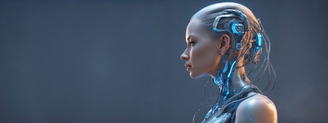 Young female detailed cyborg with mechanisms and wires in head against digital technological background, Artificial intelligence concept, Generative AI
