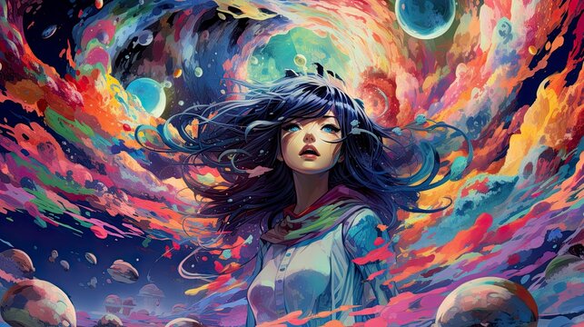 girl in the night of vibrant trippy world - generative ai