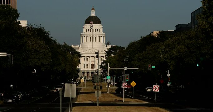 Sunset view of the California State Capitol in downtown Sacramento, California, USA.