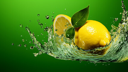 fresh lemons in water with green leaves and splashes