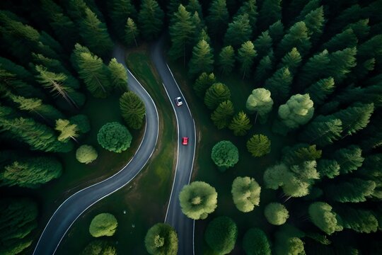 Aerial top view, mountain road in dark green forest