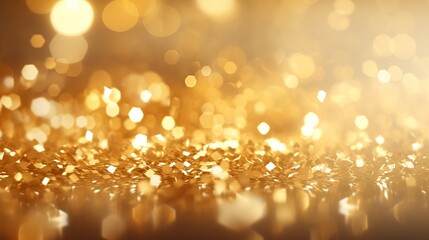 Luxury gold defocused background for Christmas and new year. A luxurious and opulent impression is created by the beautifully blurred background of glistening gold particles, unadorned with text.