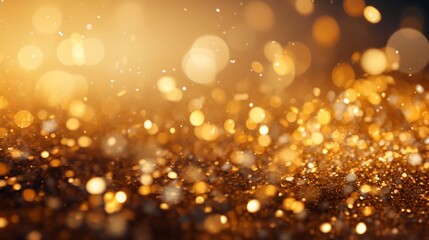 Luxury gold defocused background for Christmas and new year. A luxurious and opulent impression is created by the beautifully blurred background of glistening gold particles, unadorned with text.