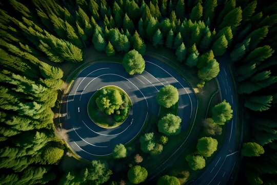 Aerial top view, mountain road in dark green forest
