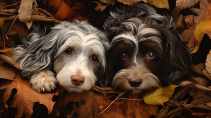 Two dogs lying in leaves. Pembroke welsh corgi puppy with german shepherd dog in autumn. ai - obrazy, fototapety, plakaty