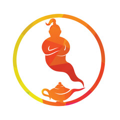Png Genie with lamp logo designs vector. Genie and lam logo concept.	