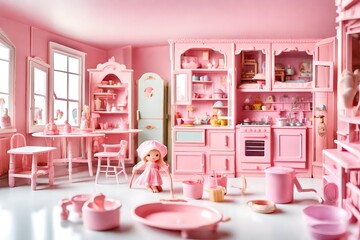 Fancy doll house interior, children toy, lots of pink plastic, pastel colors