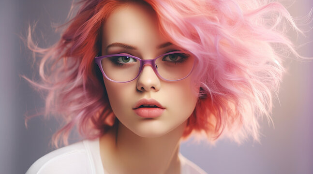 a girl with color solid hair wearing glasses, Place for your text, Digital Minimalism