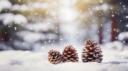 Blurred Christmas background with pine cone decorations and copy space. A beautiful background of blurry pine cones with lovely lighting - obrazy, fototapety, plakaty