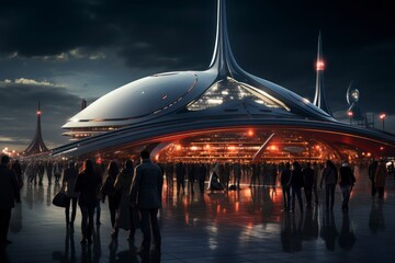 A futuristic spaceport with sleek spacecraft ready for liftoff, wealthy tourists in space suits boarding for an unforgettable journey