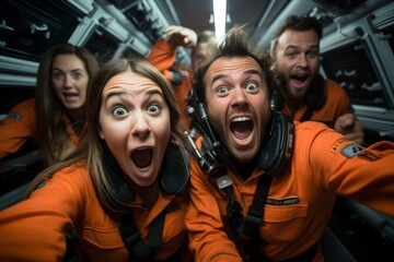 A group of excited space tourists floating in microgravity inside a spacious spacecraft cabin, experiencing the thrill of weightlessness - obrazy, fototapety, plakaty