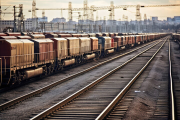 Fototapeta na wymiar A cargo train passing through an industrial rail yard.