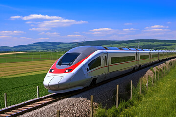Fototapeta premium A modern high speed train racing through a scenic countryside landscape.