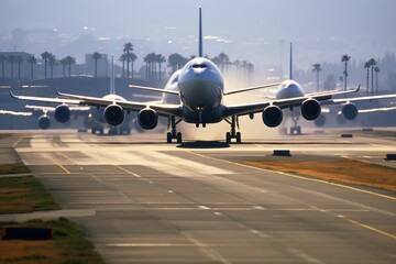 A busy airport runway with planes taking off and landing. - obrazy, fototapety, plakaty