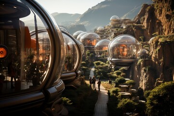 A picturesque scene of a space tourism base on Mars, with tourists exploring the red planet's surface in futuristic rovers