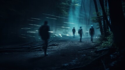 Searching for a missing person in the night woods , concept of lost person - obrazy, fototapety, plakaty