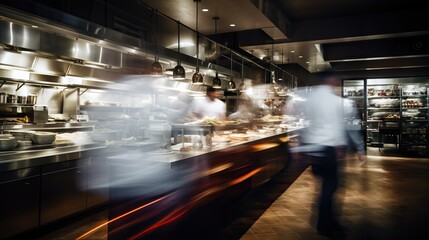 Restaurant kitchen with people motion blur view long exposure  - obrazy, fototapety, plakaty