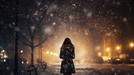 The silhouette of a woman walking alone in the midst of falling snow, walking away, exuding a romantic, lonely, and dramatic moment. Romantic photography. - obrazy, fototapety, plakaty