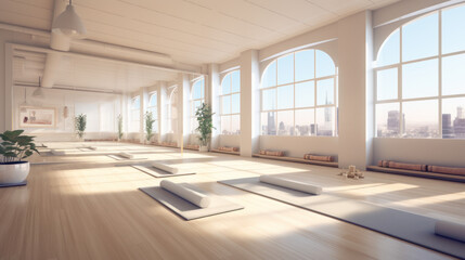 A large and bright yoga studio with yoga mats. A space for calming the mind, practicing yoga, and meditation.