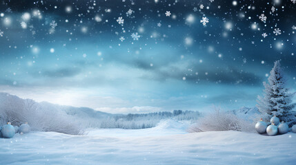 Snowy background with snowflakes and pine trees. Christmas decoration.
