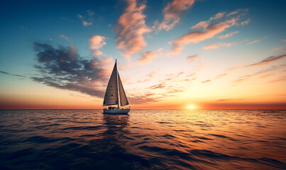 Sailboat sailing along the ocean at sunrise on calm waters sailing at dawn against a colorful sky