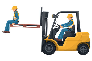 Transporting people on the forklift is prohibited. Dangers of driving a forklift. Forklift driving safety. Work accident in a warehouse. Security First. Industrial Safety and Occupational Health