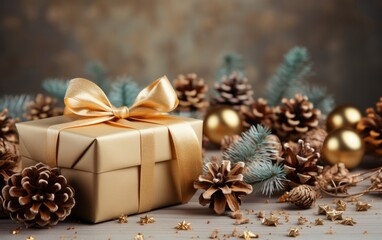 Fototapeta na wymiar Composition of Christmas decorations on light golden background with beautiful golden gift box with red ribbon, fir branches, cones, stars, Christmas cookies, cinnamon