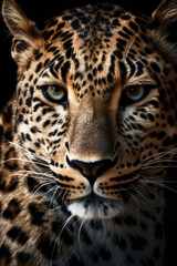 The intense gaze of a wild leopard, captured in a stunning close-up with mesmerizing blue eyes. AI Generative