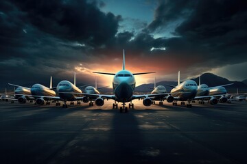 Experience modern aviation at its finest. An airliner prepares for takeoff at a bustling airport,...