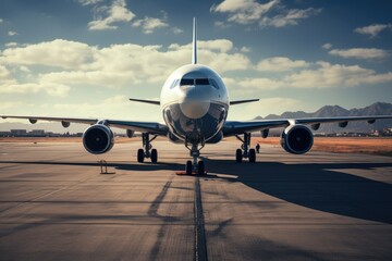Naklejka premium Experience modern aviation at its finest. An airliner prepares for takeoff at a bustling airport, offering travelers a seamless journey to their international destinations as the sun sets.