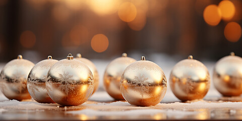 Fototapeta premium Christbaumkugeln in Gold mit schönen glanz und Ornamenten und Bokeh Querformat als Banner, ai generativ