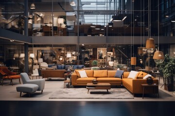 Discover modern interior design at its finest. This bright and luxurious showroom features contemporary furniture, stylish decor, and comfortable pieces, perfect for your home or business. - obrazy, fototapety, plakaty