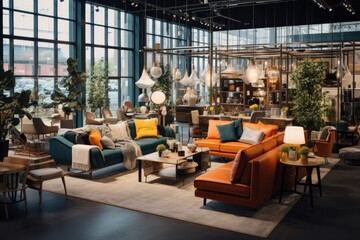 Discover modern interior design at its finest. This bright and luxurious showroom features contemporary furniture, stylish decor, and comfortable pieces, perfect for your home or business.