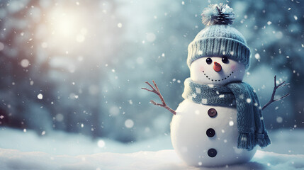 Snowy Christmas background with decorative and fun snowman. - obrazy, fototapety, plakaty