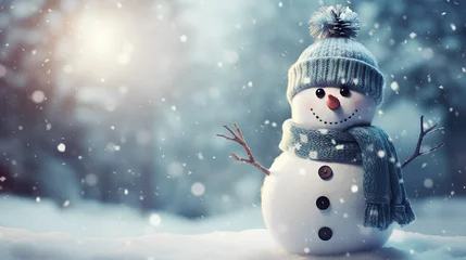 Fotobehang Snowy Christmas background with decorative and fun snowman. © Moon Project