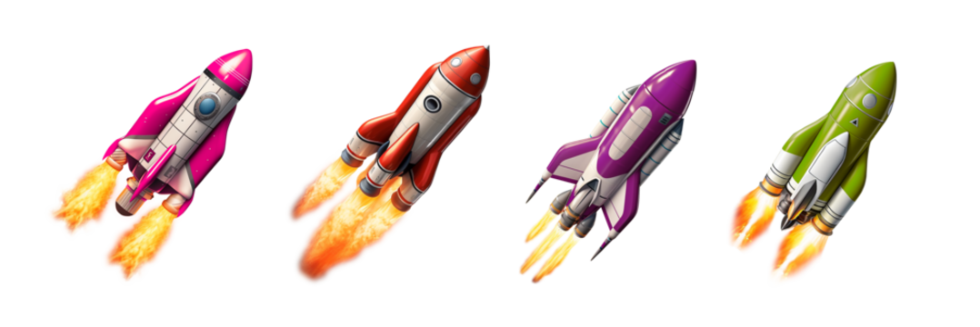 Set of Rocket Ships Launching Into Space Isolated on Transparent Background. Generative AI. Transparent PNG.