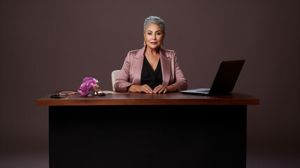 businesswoman age 40, 50, 60 working on laptop, purple violet background wall, pink clothes,