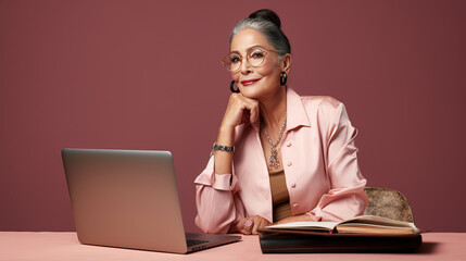 businesswoman working on laptop wearing glasses and pink clothes, working on laptop, purple violet background wall, pink clothes