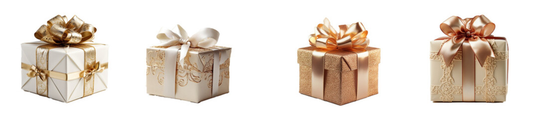 Luxury gift box gold and white for Christmas and birthday celebration party isolated on transparent png background