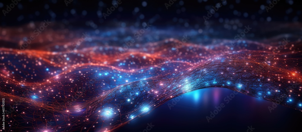 Poster futuristic visualization of colorful particles and bokeh resembling a science dust background