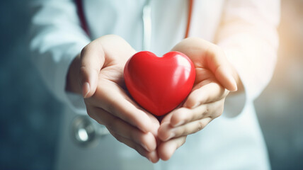 close up of female doctor holding red heart