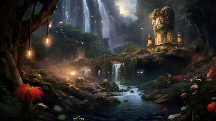 fantasy landscape. magic forest and magic neon lights.