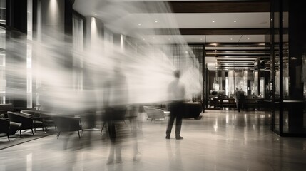 Hotel lobby with people motion blur view long exposure 