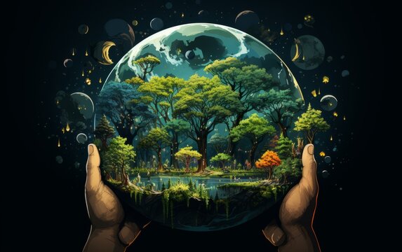 A set of illustrations dealing with climate change. Characters holding planet Earth and other objects in the form of meteorites