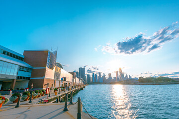 Chicago buildings at sunset. Architectural view of the city, urban scene.