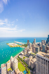 Chicago aerial photography view of buildings in a sunny day. Architectural view of the city, urban scene.