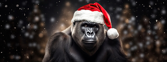 A Merry Christmas from A Silverback Gorilla,  Expressive Gorilla Great Ape in a Red Santa Hat. - Powered by Adobe